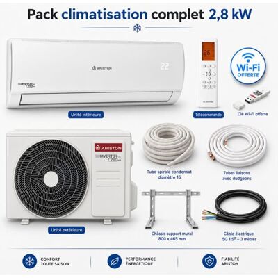 Pack climatisation monosplit Alys Ariston 28 kW + kit dinstallation Blanc - Publicité Pack climatisation monosplit Alys Ariston 28 kW + kit dinstallation Blanc - Publicité