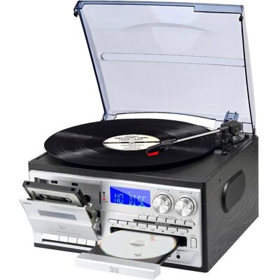 JORLAI Platine Vinyle 9-en-1 Bluetooth 3 Vitesses CD Cassette Radio AM/FM USB/SD Télécommande Haut-Parleurs Intégrés Noir - Publicité JORLAI Platine Vinyle 9-en-1 Bluetooth 3 Vitesses CD Cassette Radio AM/FM USB/SD Télécommande Haut-Parleurs Intégrés Noir - Publicité