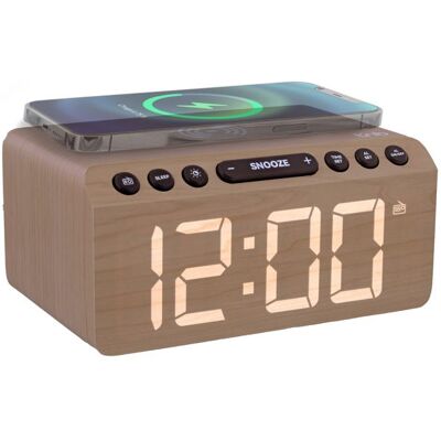 TnB - Radio réveil FM LED et chargeur sans fil 15W - finition bois Marron - Publicité TnB - Radio réveil FM LED et chargeur sans fil 15W - finition bois Marron - Publicité
