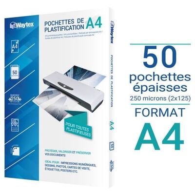 WAYTEX Pochettes de plastification épaisses 125 microns par face - Format A4 - Pack de 50 - Publicité WAYTEX Pochettes de plastification épaisses 125 microns par face - Format A4 - Pack de 50 - Publicité