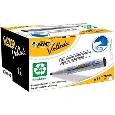 Feutres effaçables à sec - BIC - Boîte de 12 - Velleda 1701 - Pointe ogive large - Encre noire - Faible odeur Noir - Publicité Feutres effaçables à sec - BIC - Boîte de 12 - Velleda 1701 - Pointe ogive large - Encre noire - Faible odeur Noir - Publicité