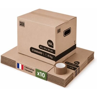 Pack and Move - Lot 10 cartons déménagement stockage livres - 40 x 30 x 30 cm - Poignées renforcées - 1 adhésif offert Marron - Publicité Pack and Move - Lot 10 cartons déménagement stockage livres - 40 x 30 x 30 cm - Poignées renforcées - 1 adhésif offert Marron - Publicité