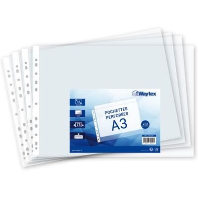 Pochettes transparentes pour classeur - WAYTEX - A3 - 75 microns - Ouverture en haut - Lot de 10 - Publicité Pochettes transparentes pour classeur - WAYTEX - A3 - 75 microns - Ouverture en haut - Lot de 10 - Publicité