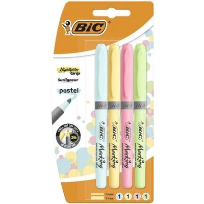 Surligneur pastel à pointe biseautée - BIC - Blister de 4 - Couleurs assorties Jaune - Publicité Surligneur pastel à pointe biseautée - BIC - Blister de 4 - Couleurs assorties Jaune - Publicité