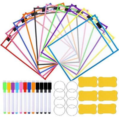 10 pochettes réutilisables et effaçables à sec avec 12 stylos effaçables6 gommes et 8 œillets métalliques pour le bureau et - Publicité 10 pochettes réutilisables et effaçables à sec avec 12 stylos effaçables6 gommes et 8 œillets métalliques pour le bureau et - Publicité