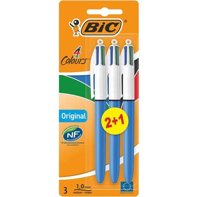 Stylos-Bille Rétractables - BIC - 4 Couleurs Original - Pack de 2+1 - Pointe Moyenne 10 mm - Multicolore Bleu - Publicité Stylos-Bille Rétractables - BIC - 4 Couleurs Original - Pack de 2+1 - Pointe Moyenne 10 mm - Multicolore Bleu - Publicité