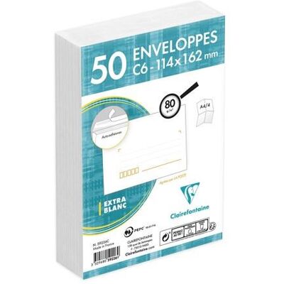 Enveloppe Clairefontaine - 59226C - Paquet de 50 Enveloppes Blanches C6-114x162 mm - Precasees - Auto-Adhesives - 80g/m - Publicité Enveloppe Clairefontaine - 59226C - Paquet de 50 Enveloppes Blanches C6-114x162 mm - Precasees - Auto-Adhesives - 80g/m - Publicité