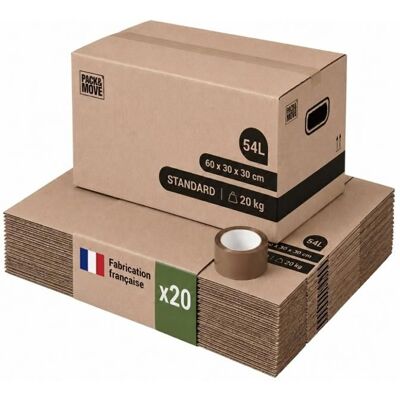 Pack and Move - Lot 20 cartons déménagement stockage standard - 60 x 30 x 30 cm - Poignées renforcées - 1 adhésif offert Marron - Publicité Pack and Move - Lot 20 cartons déménagement stockage standard - 60 x 30 x 30 cm - Poignées renforcées - 1 adhésif offert Marron - Publicité