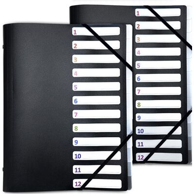 WAYTEX Lot de 2 Trieurs A4 12 compartiments noir en polypropylène avec fermeture élastiques et 3 rabats intégrés Noir - Publicité WAYTEX Lot de 2 Trieurs A4 12 compartiments noir en polypropylène avec fermeture élastiques et 3 rabats intégrés Noir - Publicité