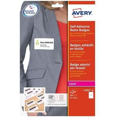 240 badges adhésifs en textile - AVERY - L4782-20 - Blanc - 40 x 75 mm - Publicité 240 badges adhésifs en textile - AVERY - L4782-20 - Blanc - 40 x 75 mm - Publicité