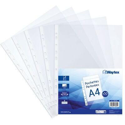 WAYTEX Pochettes plastiques perforées A4 transparentes lisses 50 microns 11 trous lot 50 pour classeur et archivage - Publicité WAYTEX Pochettes plastiques perforées A4 transparentes lisses 50 microns 11 trous lot 50 pour classeur et archivage - Publicité