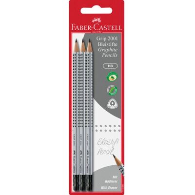 Crayons à papier - Faber-Castell - GRIP 2001 - Lot de 3 - HB - Gomme intégrée Gris - Publicité Crayons à papier - Faber-Castell - GRIP 2001 - Lot de 3 - HB - Gomme intégrée Gris - Publicité