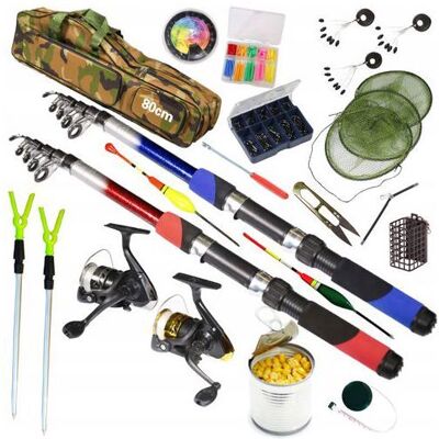 Kit de pêche prêt à lemploi - FISHING TIME - 2 cannes télescopiques 2 1 m - 2 moulinets - Fil enroulé - 100 hameçons Gris - Publicité Kit de pêche prêt à lemploi - FISHING TIME - 2 cannes télescopiques 2 1 m - 2 moulinets - Fil enroulé - 100 hameçons Gris - Publicité