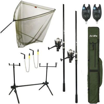 FISH-XPRO Carpe Ensemble Deluxe 2-Rod - Le kit de pêche le plus complet - Ensemble de canne à pêche à la carpe Noir - Publicité FISH-XPRO Carpe Ensemble Deluxe 2-Rod - Le kit de pêche le plus complet - Ensemble de canne à pêche à la carpe Noir - Publicité