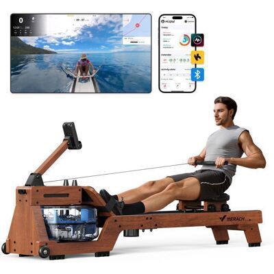 Rameur à eau PROMAX- MERACH - 22 L - 6 repères remplissage - Bluetooth/APP - Ecran LCD - Max 180kg - Bois FSC - Garantie 2 ans - Publicité Rameur à eau PROMAX- MERACH - 22 L - 6 repères remplissage - Bluetooth/APP - Ecran LCD - Max 180kg - Bois FSC - Garantie 2 ans - Publicité