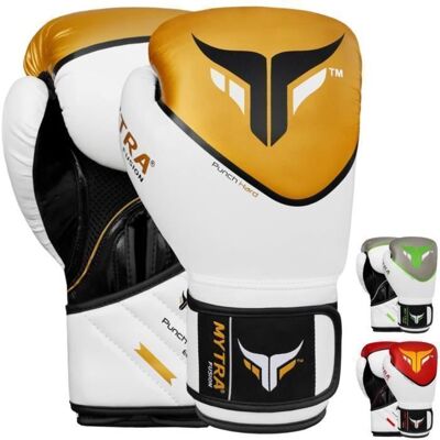 Gants de Boxe - Mytra Fusion - Adulte - Cuir Synthétique - Kickboxing - Sparring - Blanc/Or Blanc - Publicité Gants de Boxe - Mytra Fusion - Adulte - Cuir Synthétique - Kickboxing - Sparring - Blanc/Or Blanc - Publicité