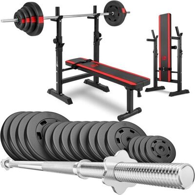 Ensemble de musculation Hop-Sport - 90kg, Banc réglable, Barre - Publicité Ensemble de musculation Hop-Sport - 90kg, Banc réglable, Barre - Publicité