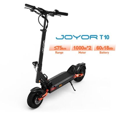 JOYOR Trottinette Électrique — T10 — 2×Moteurs 1000W — Batterie 60V18Ah — Autonomie 75km — Freins Hydrauliques — Pneus Tout-Terrain 10 Noir - Publicité JOYOR Trottinette Électrique — T10 — 2×Moteurs 1000W — Batterie 60V18Ah — Autonomie 75km — Freins Hydrauliques — Pneus Tout-Terrain 10 Noir - Publicité