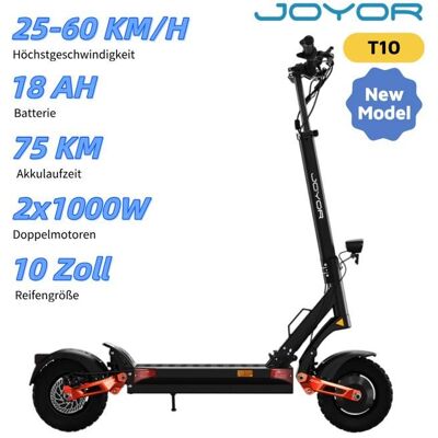 JOYOR T10-Trottinette électrique-Pliable-Double Moteur 2000W-Batterie 60V-18AH-60km/h-Pneus 10-Freins hydrauliques-Autonomie 75km Noir - Publicité JOYOR T10-Trottinette électrique-Pliable-Double Moteur 2000W-Batterie 60V-18AH-60km/h-Pneus 10-Freins hydrauliques-Autonomie 75km Noir - Publicité