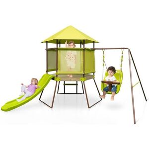 Aire de Jeux Enfant Extérieur – DREAMADE - Portique en Fer - Toboggan – Balançoire - Échelle - Siège Bébé Réglable - Cabane Vert - Publicité Aire de Jeux Enfant Extérieur – DREAMADE - Portique en Fer - Toboggan – Balançoire - Échelle - Siège Bébé Réglable - Cabane Vert - Publicité