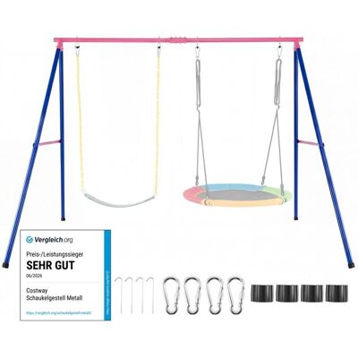 Balançoire Extérieur Enfants COSTWAY-en Métal Structure en A-Charge 300KG--Mousquetons et Couvre-pieds-2 Façons de Suspendre-Rouge Bleu - Publicité Balançoire Extérieur Enfants COSTWAY-en Métal Structure en A-Charge 300KG--Mousquetons et Couvre-pieds-2 Façons de Suspendre-Rouge Bleu - Publicité