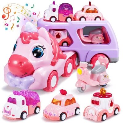 BLEOSAN Jouet de Camion pour Enfant Filles Jeux 5 en 1 Jouet avec Son et Lumière Transporteur Voiture Jouet pour Fille Cadeau Fille Licorne Rose - Publicité BLEOSAN Jouet de Camion pour Enfant Filles Jeux 5 en 1 Jouet avec Son et Lumière Transporteur Voiture Jouet pour Fille Cadeau Fille Licorne Rose - Publicité