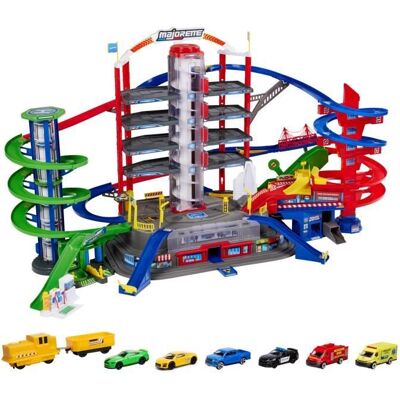 Majorette - Super city garage - 2 niveaux - Sons et lumières - 6 véhicules métal + 1 train - 128 x 78 x 73 cm Rouge - Publicité Majorette - Super city garage - 2 niveaux - Sons et lumières - 6 véhicules métal + 1 train - 128 x 78 x 73 cm Rouge - Publicité