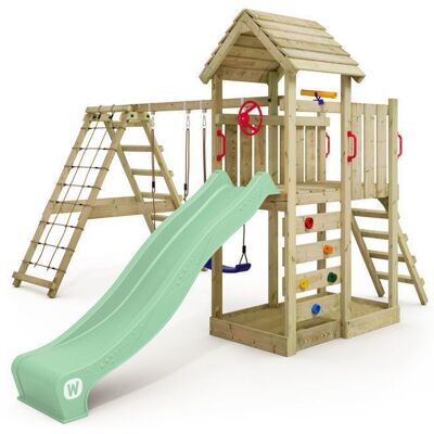 Aire de jeux bois WICKEY RocketFlyer avec double balançoire toboggan 220 cm vert pastel et module d’escalade – 10 ans de garantie* Vert - Publicité Aire de jeux bois WICKEY RocketFlyer avec double balançoire toboggan 220 cm vert pastel et module d’escalade – 10 ans de garantie* Vert - Publicité