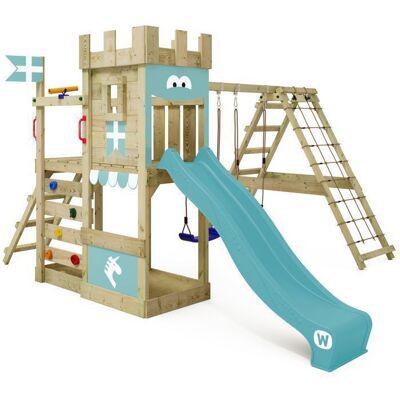 Aire de jeux bois WICKEY DragonFlyer Flyer XXL avec double balançoire toboggan 220 cm bleu pastel – 10 ans de garantie* - Publicité Aire de jeux bois WICKEY DragonFlyer Flyer XXL avec double balançoire toboggan 220 cm bleu pastel – 10 ans de garantie* - Publicité