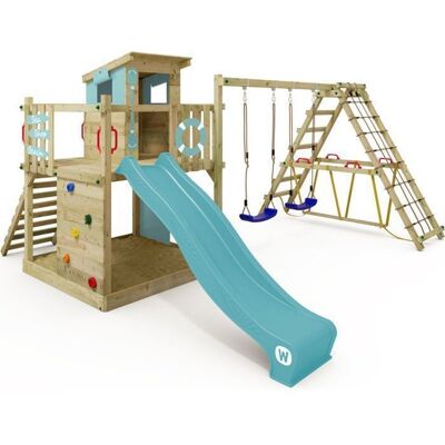 Maison sur pilotis bois WICKEY Smart Surf avec toboggan 220 cm bleu pastel et double balançoire – 10 ans de garantie* - Publicité Maison sur pilotis bois WICKEY Smart Surf avec toboggan 220 cm bleu pastel et double balançoire – 10 ans de garantie* - Publicité