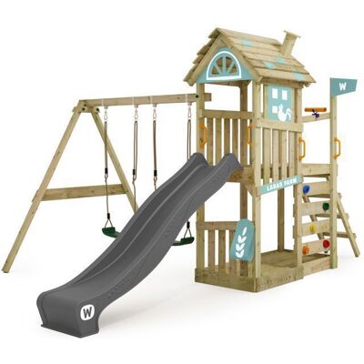 Aire de jeux WICKEY FarmFlyer style ferme – Toboggan anthracite/bleu pastel & double balançoire – Garantie 10 ans* – extérieur - Publicité Aire de jeux WICKEY FarmFlyer style ferme – Toboggan anthracite/bleu pastel & double balançoire – Garantie 10 ans* – extérieur - Publicité