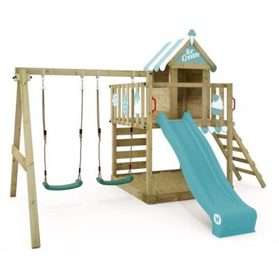 Aire de jeux bois WICKEY Smart Candy avec toboggan 220 cm bleu pastel double balançoire et maisonnette – 10 ans de garantie* Vert - Publicité Aire de jeux bois WICKEY Smart Candy avec toboggan 220 cm bleu pastel double balançoire et maisonnette – 10 ans de garantie* Vert - Publicité