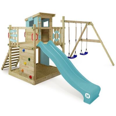 Aire de jeux bois WICKEY Smart Camp avec toboggan 220 cm bleu pastel double balançoire et maisonnette – 10 ans de garantie* - Publicité Aire de jeux bois WICKEY Smart Camp avec toboggan 220 cm bleu pastel double balançoire et maisonnette – 10 ans de garantie* - Publicité