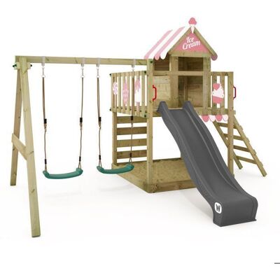 Aire de jeux bois WICKEY Smart Candy avec toboggan 220 cm anthracite double balançoire et maisonnette – 10 ans de garantie* Vert - Publicité Aire de jeux bois WICKEY Smart Candy avec toboggan 220 cm anthracite double balançoire et maisonnette – 10 ans de garantie* Vert - Publicité