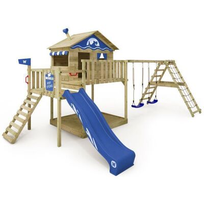 Maison sur pilotis bois WICKEY Smart Ocean avec toboggan 220 cm bleu et double balançoire – 10 ans de garantie* - Publicité Maison sur pilotis bois WICKEY Smart Ocean avec toboggan 220 cm bleu et double balançoire – 10 ans de garantie* - Publicité