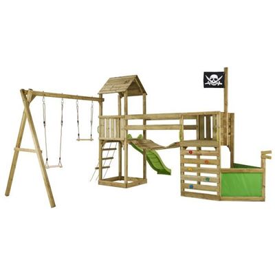 KANGUI Aire de jeux pirate en bois WILLI - Balançoire trapèze toboggan mur descalade cabane sur plateforme pont suspendu Marron - Publicité KANGUI Aire de jeux pirate en bois WILLI - Balançoire trapèze toboggan mur descalade cabane sur plateforme pont suspendu Marron - Publicité