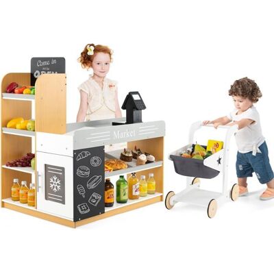 COSTWAY Supermarché en Bois pour Enfants avec Chariot de Courses 2 Tableaux Noirs Caisse Enregistreuse Étagères de Présentation Blanc - Publicité COSTWAY Supermarché en Bois pour Enfants avec Chariot de Courses 2 Tableaux Noirs Caisse Enregistreuse Étagères de Présentation Blanc - Publicité