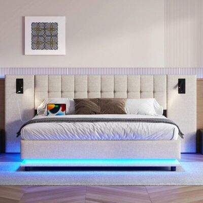 Lit coffre - LANGTU - 180x200 - Tête de lit capitonnée - Bande LED multicolore - Port USB & spot Beige - Publicité Lit coffre - LANGTU - 180x200 - Tête de lit capitonnée - Bande LED multicolore - Port USB & spot Beige - Publicité