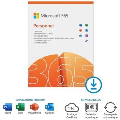 Microsoft 365 Personnel - Microsoft - Abonnement 1 an - 1 utilisateur - PC et Mac - Applications bureautiques - Publicité Microsoft 365 Personnel - Microsoft - Abonnement 1 an - 1 utilisateur - PC et Mac - Applications bureautiques - Publicité