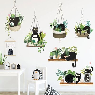 Sticker mural - AIMOONSA - Cactus plante en pot - Chat noir - PVC non toxique repositionnable - 90x60 cm Noir - Publicité Sticker mural - AIMOONSA - Cactus plante en pot - Chat noir - PVC non toxique repositionnable - 90x60 cm Noir - Publicité