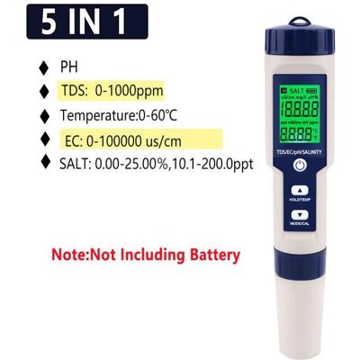 Mesure-controleTesteur de qualité de leau 10 en 1 testeur de PH-EC-TDS-salinité-thermomètre multi-paramètres- 5 in 1 Type1 - Publicité Mesure-controleTesteur de qualité de leau 10 en 1 testeur de PH-EC-TDS-salinité-thermomètre multi-paramètres- 5 in 1 Type1 - Publicité
