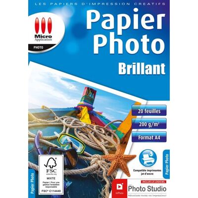 Papier Photo Brillant A4 - MICRO APPLICATION - Pack de 20 feuilles - 200g/m² - Jet dencre couleur - 9600 dpi Blanc - Publicité Papier Photo Brillant A4 - MICRO APPLICATION - Pack de 20 feuilles - 200g/m² - Jet dencre couleur - 9600 dpi Blanc - Publicité