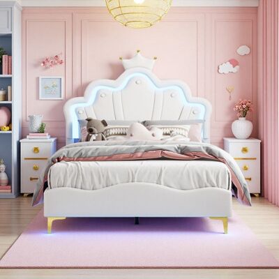 Lit Blanc Enfant 140x190 Design Moderne Couronne Tête de Lit Rembourrée Similicuir PU avec LED RGB Structure Stable en Métal Blanc - Publicité Lit Blanc Enfant 140x190 Design Moderne Couronne Tête de Lit Rembourrée Similicuir PU avec LED RGB Structure Stable en Métal Blanc - Publicité