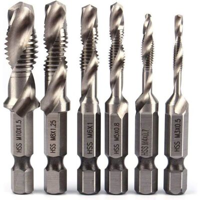 AIMOONSA - Jeu de 6 forets taraudeurs combinés HSS tige 1/4 hex filetage M3–M10 - Publicité AIMOONSA - Jeu de 6 forets taraudeurs combinés HSS tige 1/4 hex filetage M3–M10 - Publicité