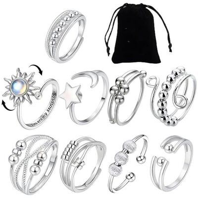 Bague anti-stress ajustable - Lot 9 - Argent rotative fidget anxiété - Empilable avec pochette VoltPulse - Publicité Bague anti-stress ajustable - Lot 9 - Argent rotative fidget anxiété - Empilable avec pochette VoltPulse - Publicité