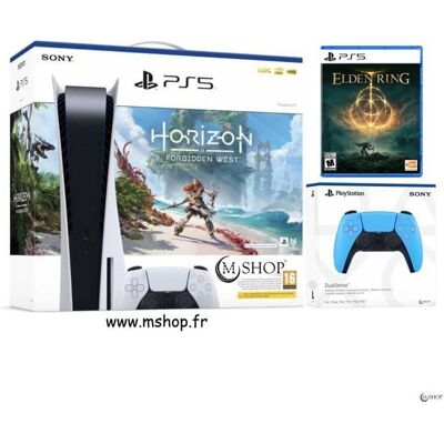 Sony Pack Console PS5 - PlayStation - Horizon Forbidden West - Manette DualSense Bleue - Elden Ring - 825 Go Bleu - Publicité Sony Pack Console PS5 - PlayStation - Horizon Forbidden West - Manette DualSense Bleue - Elden Ring - 825 Go Bleu - Publicité
