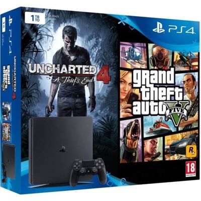 SONY COMPUTER ENTERTAINMENT Nouvelle PS4 Slim 1 To + 2 Jeux : Uncharted 4 : A Thiefs End + GTA V Noir - Publicité SONY COMPUTER ENTERTAINMENT Nouvelle PS4 Slim 1 To + 2 Jeux : Uncharted 4 : A Thiefs End + GTA V Noir - Publicité
