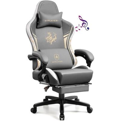 Chaise Gaming - GTPLAYER - Dragon Series - Cuir brodé gris - Haut-parleur Bluetooth - Repose-pieds rétractable Gris - Publicité Chaise Gaming - GTPLAYER - Dragon Series - Cuir brodé gris - Haut-parleur Bluetooth - Repose-pieds rétractable Gris - Publicité