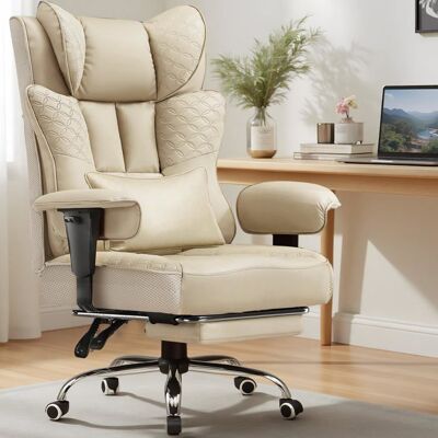 Chaise Bureau - GTPLAYER - Beige - Repose-pieds escamotable - Dossier inclinable 150° - Capacité 180 kg Beige - Publicité Chaise Bureau - GTPLAYER - Beige - Repose-pieds escamotable - Dossier inclinable 150° - Capacité 180 kg Beige - Publicité