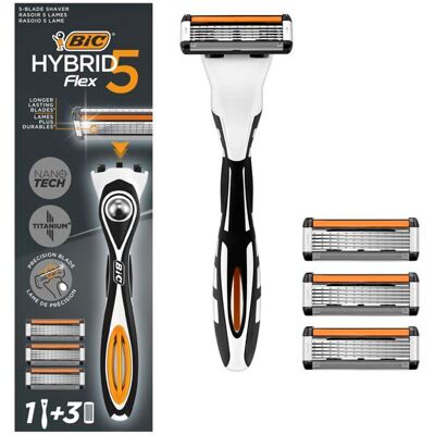 Bic Hybrid 5 Flex Rasoir Rechargeable pour Homme Manche et Recharges 5 Lames en Nanotech Titane - Boîte de 1+3 - Publicité Bic Hybrid 5 Flex Rasoir Rechargeable pour Homme Manche et Recharges 5 Lames en Nanotech Titane - Boîte de 1+3 - Publicité